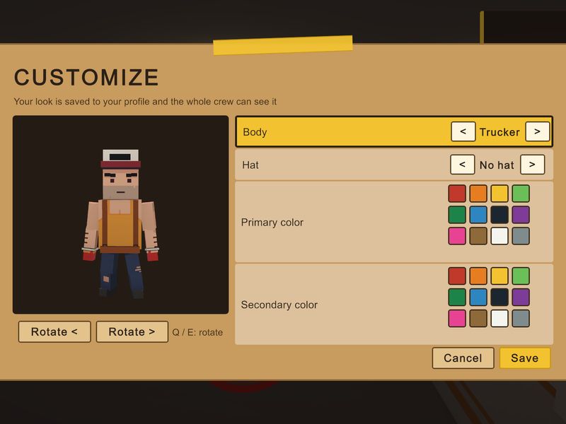 The in-game skin designer with body, hat and colour options