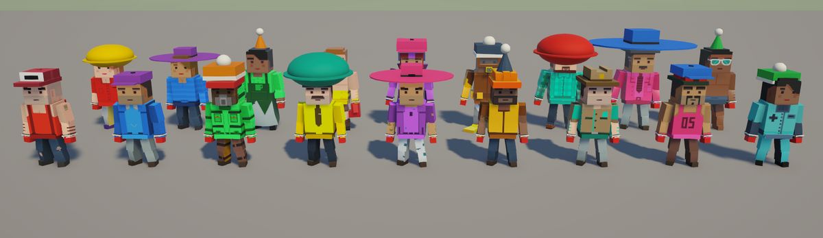 A line-up of sixteen movers in different outfits, colours and hats