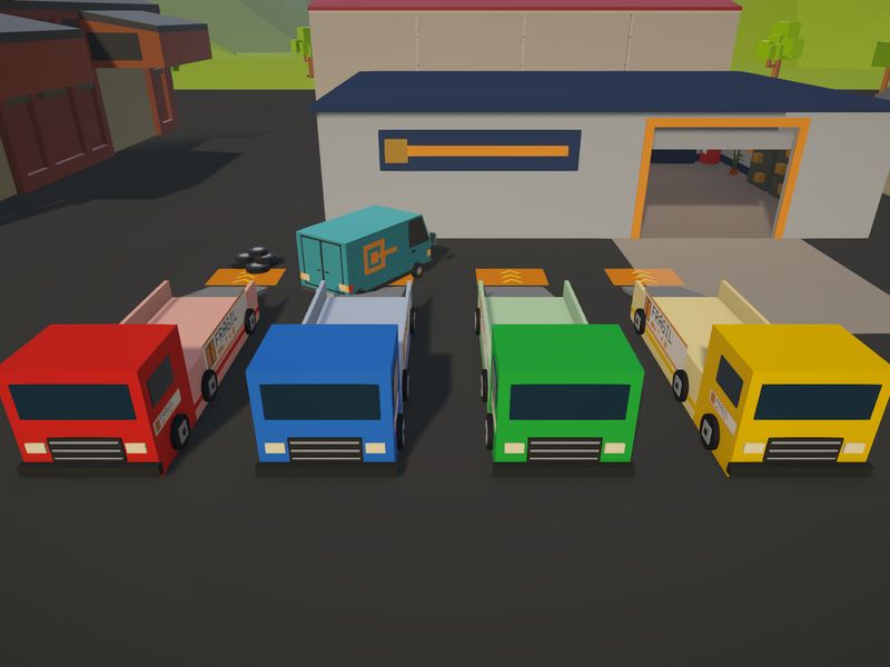 Four moving trucks in red, blue, green and yellow paint outside the HQ