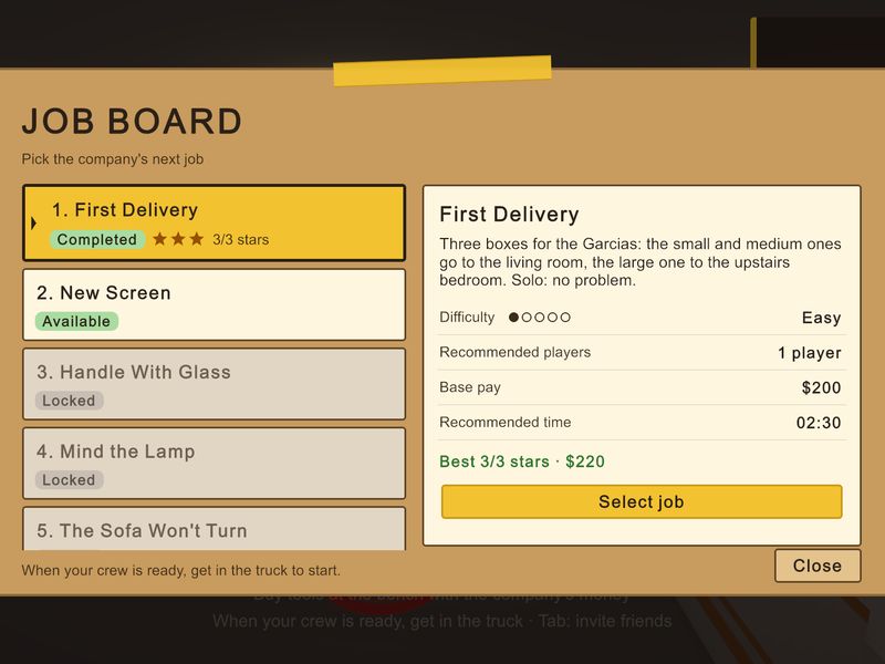 The job board at the company HQ listing available moving contracts