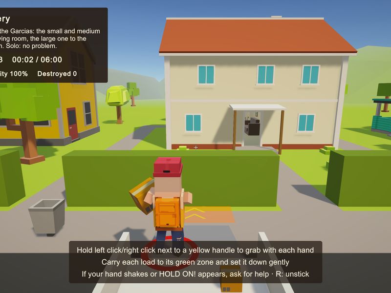 A mover gripping a sofa with both hands next to the truck, with the in-game HUD showing left and right hand grips