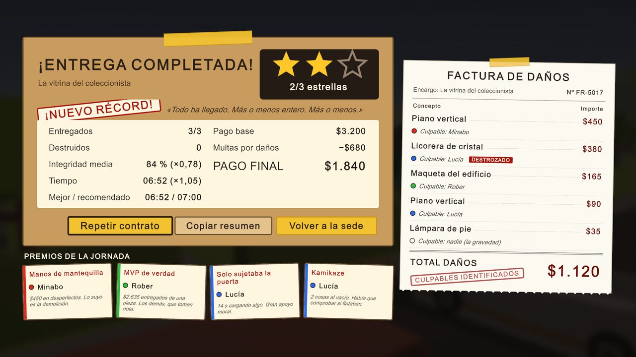 In-game results screen: delivery complete with 2 of 3 stars, a new record, the itemised damage invoice with a culprit for each broken item, and four comic awards for the crew
