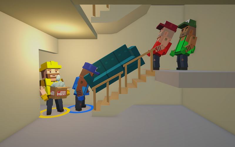 Movers hauling a sofa up a narrow stairwell