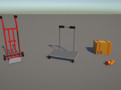 In-game tools: a red hand truck, a furniture dolly and a padded box